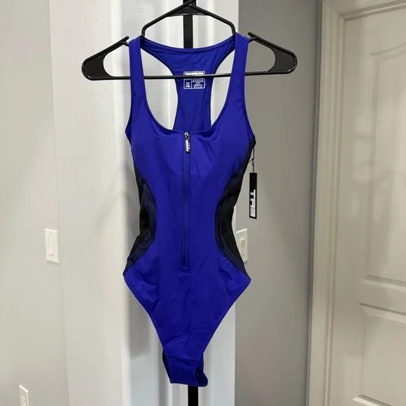 TA3 Scoopy Seamed Zip Sculpting One Piece NWT XS XLong Contour Blue Black - Picture 2 of 15